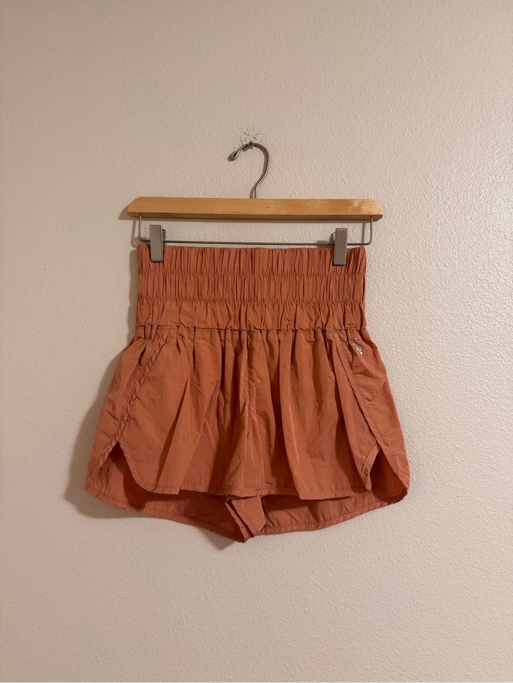 FP MOVEMENT Women’s High-Rise Smocked Waist Athletic Shorts — Rust